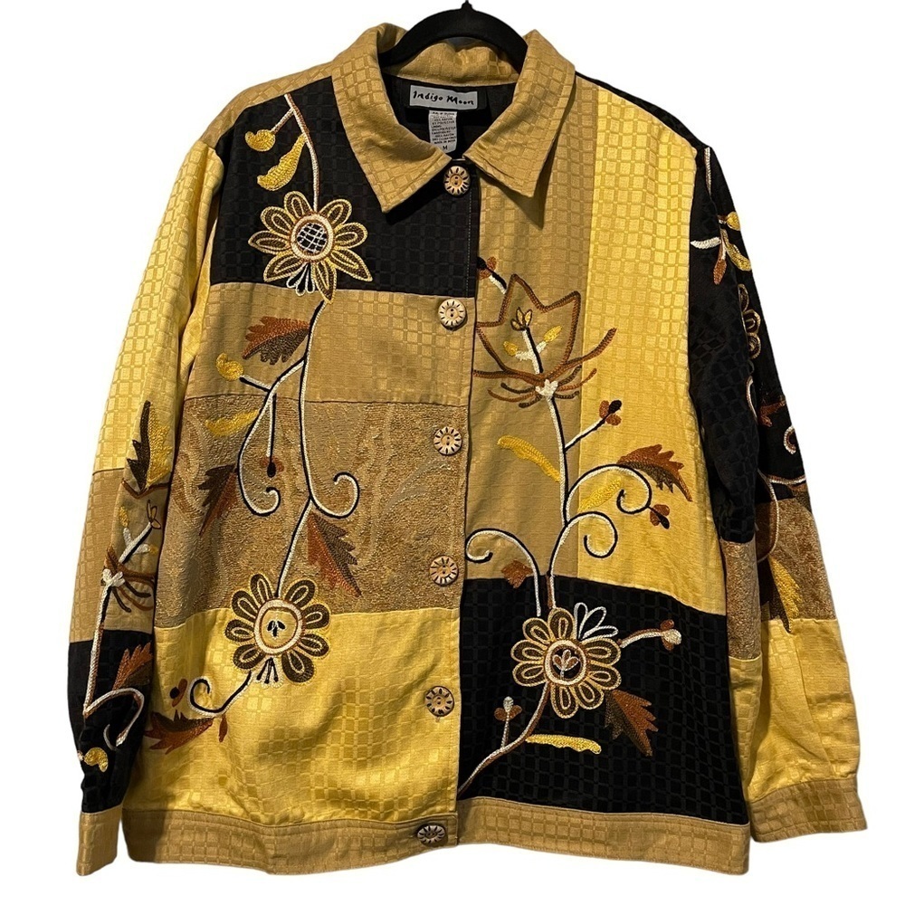 Vintage Indigo Moon Color Block Jacket Embroidery Faux Wood Buttons Shacket Med.